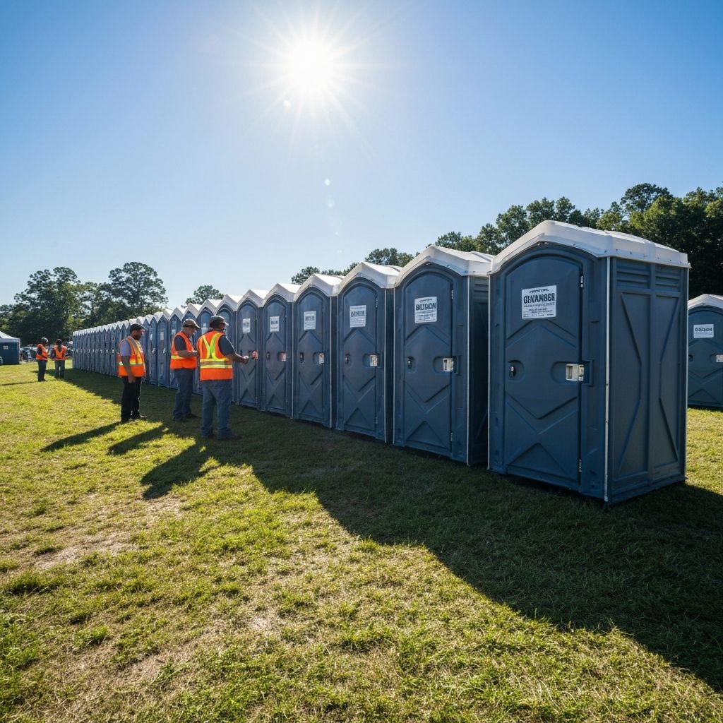 Liberty Loo Rentals porta potties set up at an outdoor event in Alabama