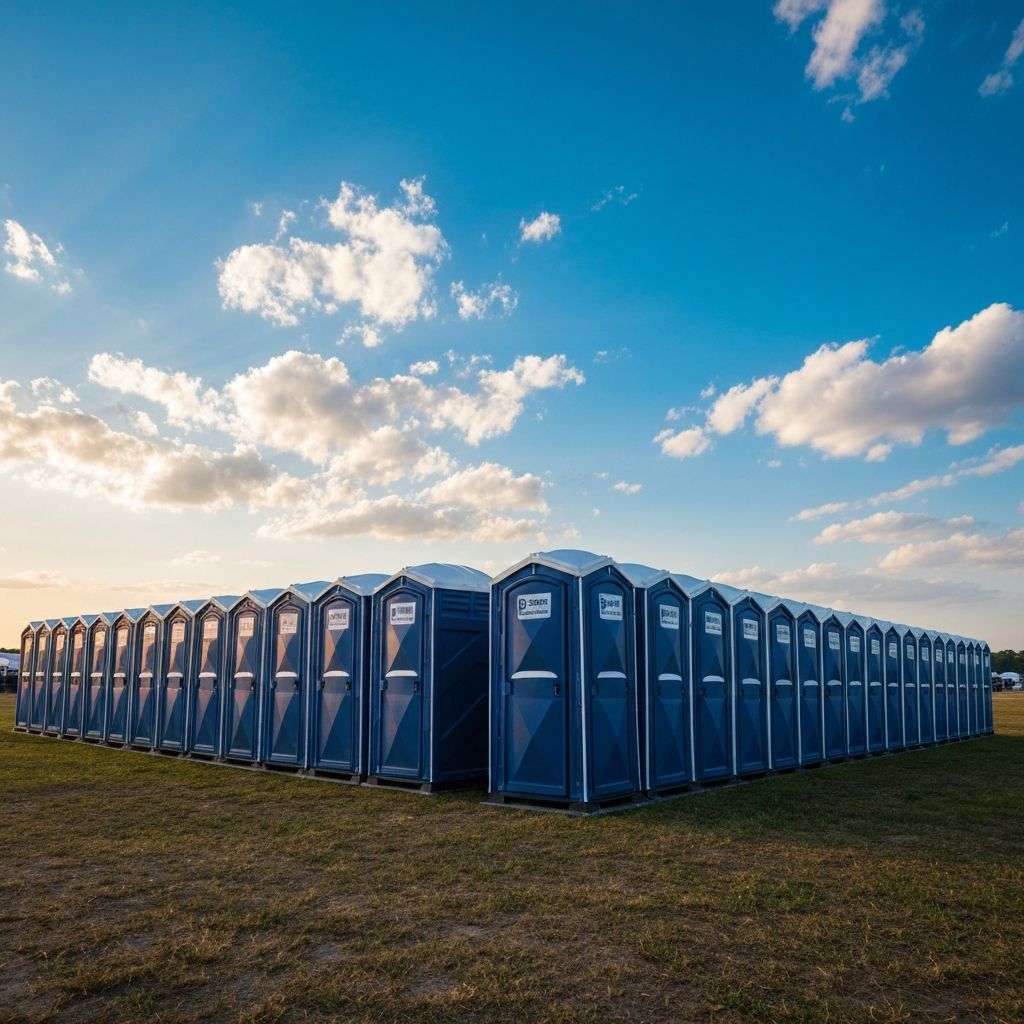Liberty Loo Rentals porta potty fleet at an outdoor event in Talladega, Alabama